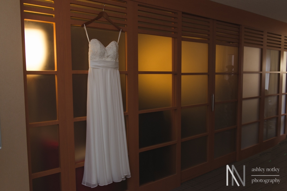 Wedding dress hanging on the door at the Novotel hotel in downtown Ottawa