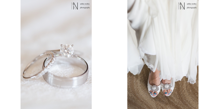 Bride's ring and shoes with painted blue toenails as her something blue