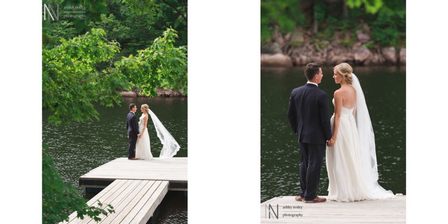 Bride and groom by the water on the dock