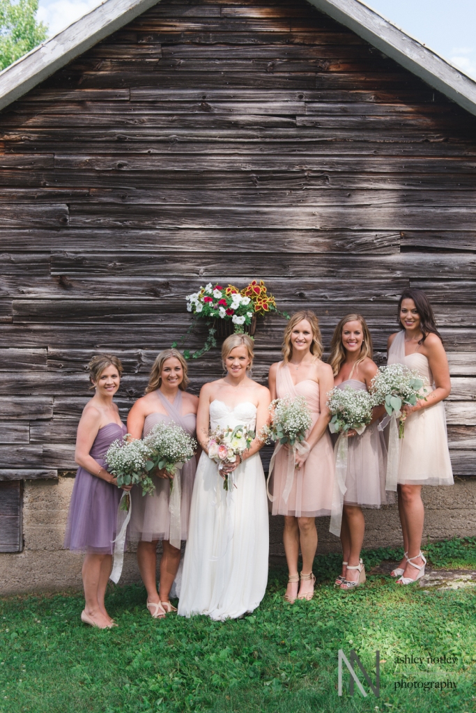 Bridal party next to rustic shed