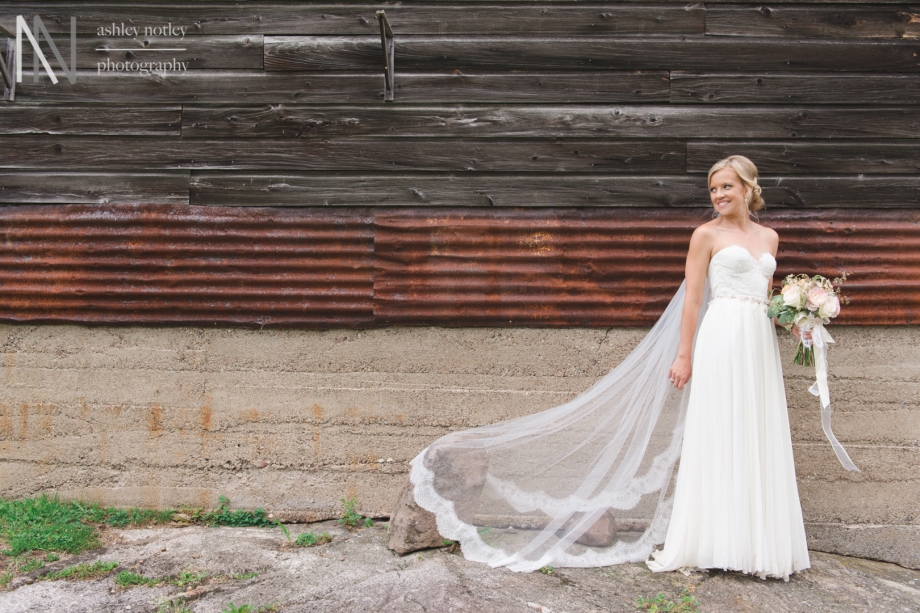 Bride and cathedral veil by rustic barn board shed