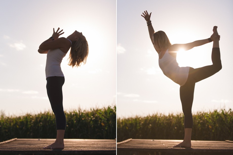 Silhouette of backbend and dancer's pose with sun behind